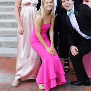 Lovers and Friends Hot Pink Strapless gown with ruffled bottom. Fishtail cut.XXS